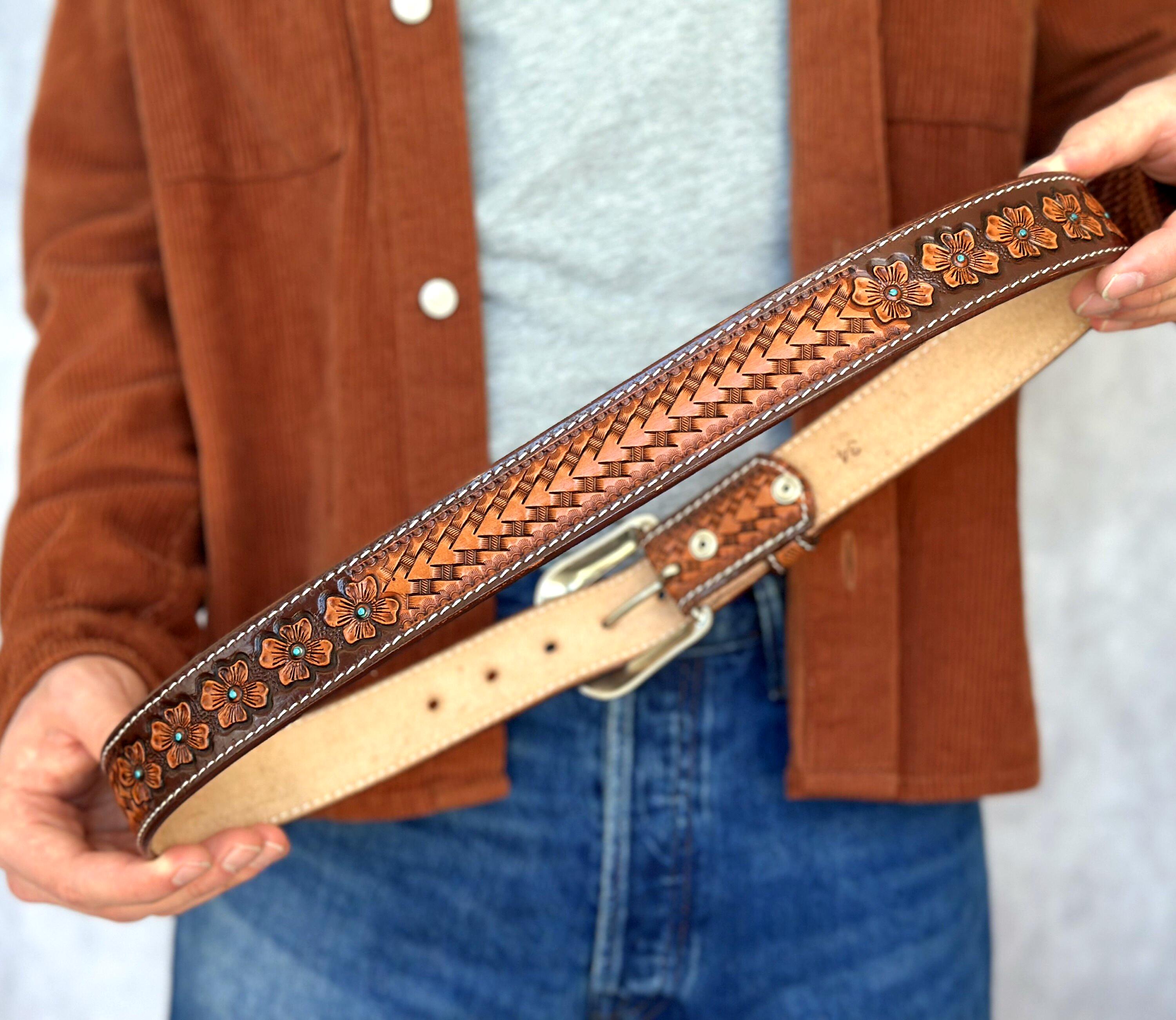 Western Floral Leather Belt Strap for Men Women 