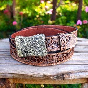Personalized Western Floral Leather Belt For Men, Cowboy Embossed Tooled Full Grain Leather Belt Removable Buckle, Engraved Birthday Gift