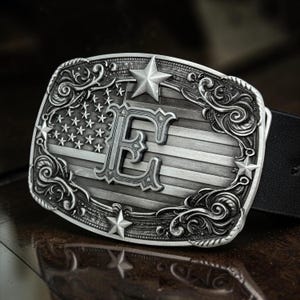 Patriotic Western Style Belt Buckle American Flag Monogram Initial A-Z Letter Cowboy Buckle Antique Brass Tone or Silver Tone Birthday Gift zdjęcie 7