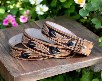 Western Floral Leather Belt for Men, Cowboy Cowgirl Embossed  display picture 1