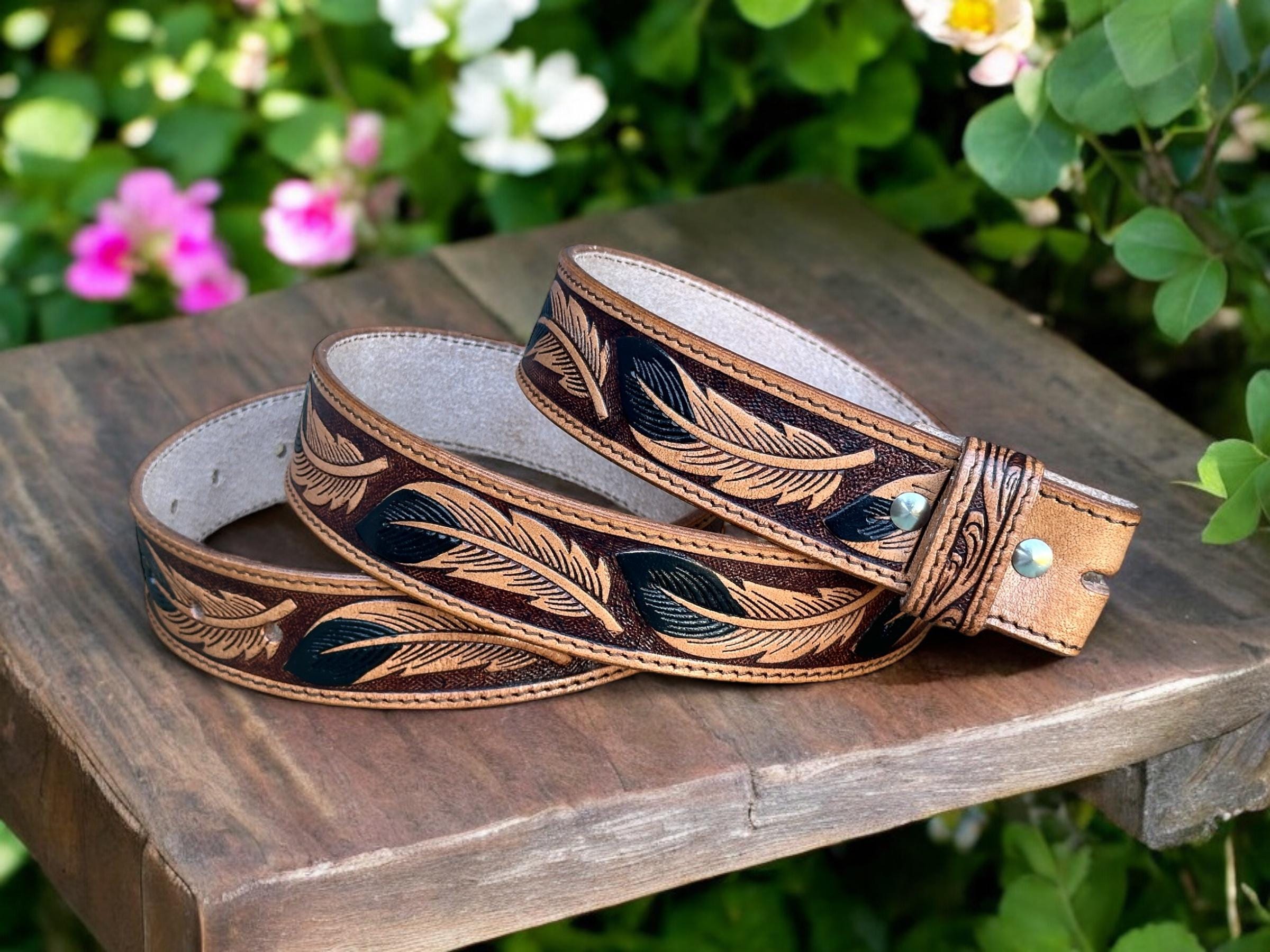 Western Cowboy Belt Leather Embossed Floral Buckle Removable  display picture 1