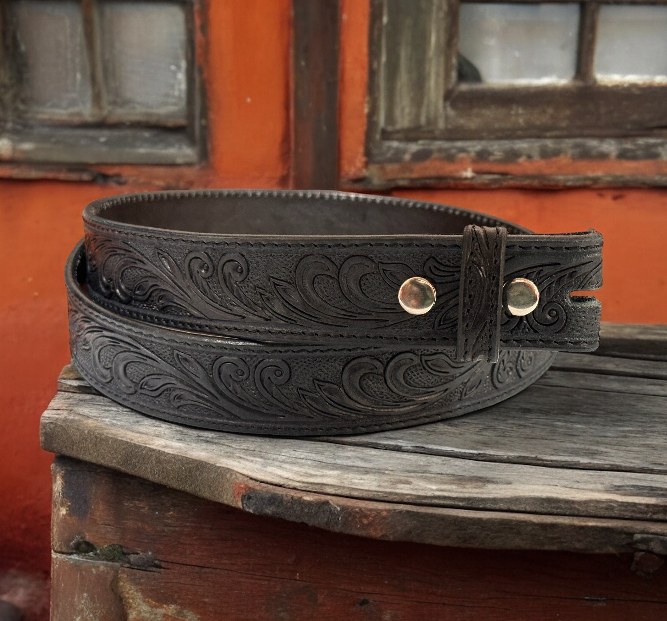 Western Floral Black Leather Belt for Men Women, Cowboy 