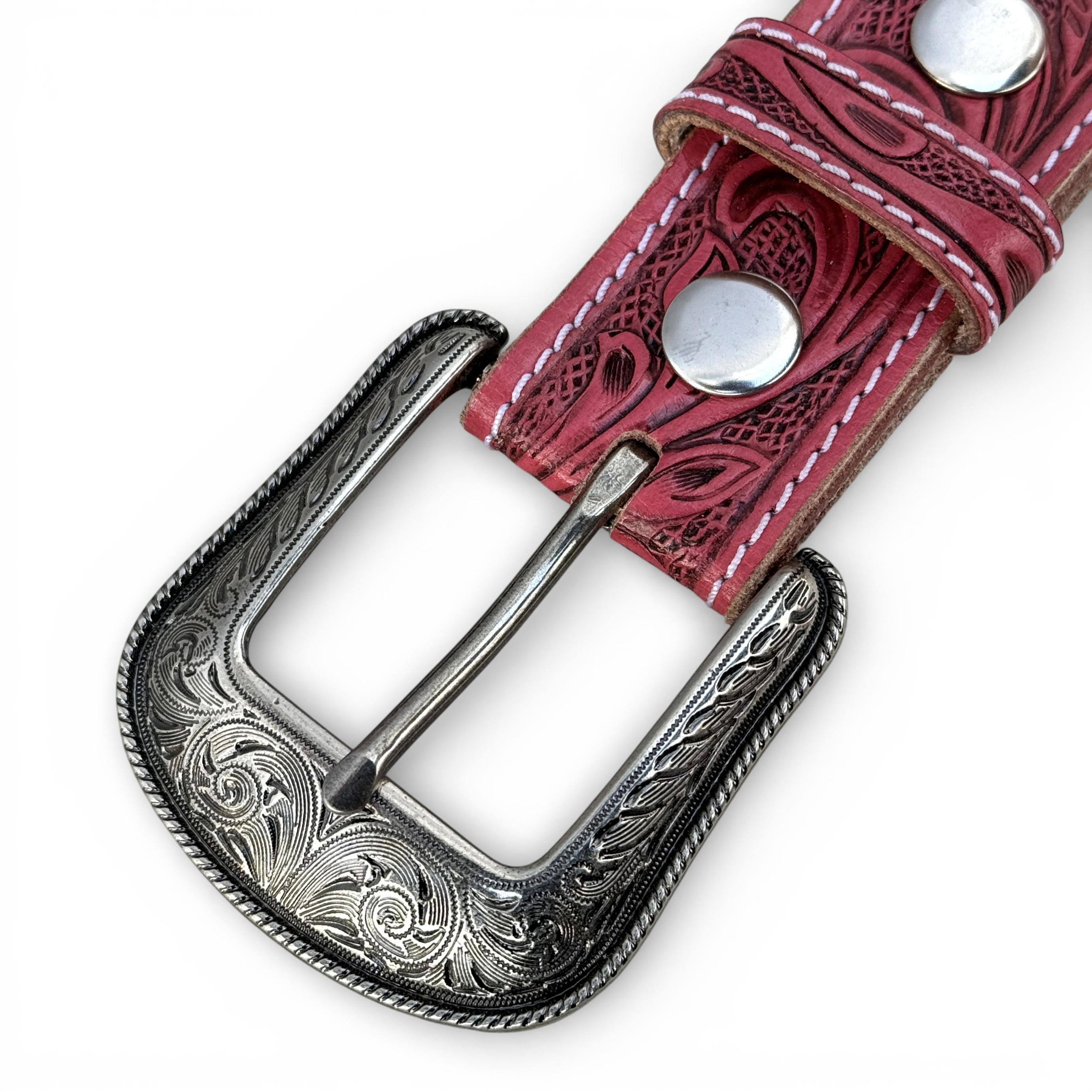 2651 Pink Feather Hand-tooled Leather Belt For Women S-4062 Personalized Pink Tooled Leather Western Belt for Womens  main image 2
