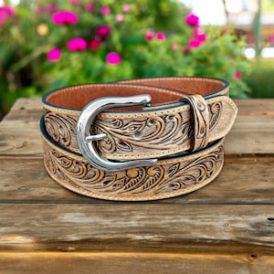 Personalized Western Genuine Leather Belt Men, Cowboy Floral Embossed Tooled Full Grain Leather Belt Removable Buckle, Engraved Gift for Dad
