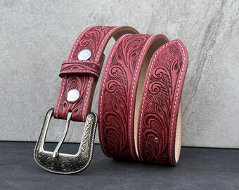 Personalized Pink Tooled Leather Western Belt for Womens  display picture 3