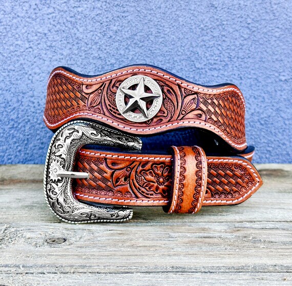 Western Floral Embossed Genuine Leather Belt with Interchangeable Buckle Leather Belts - Brown Western Floral Embossed — Farmericana  main image 3