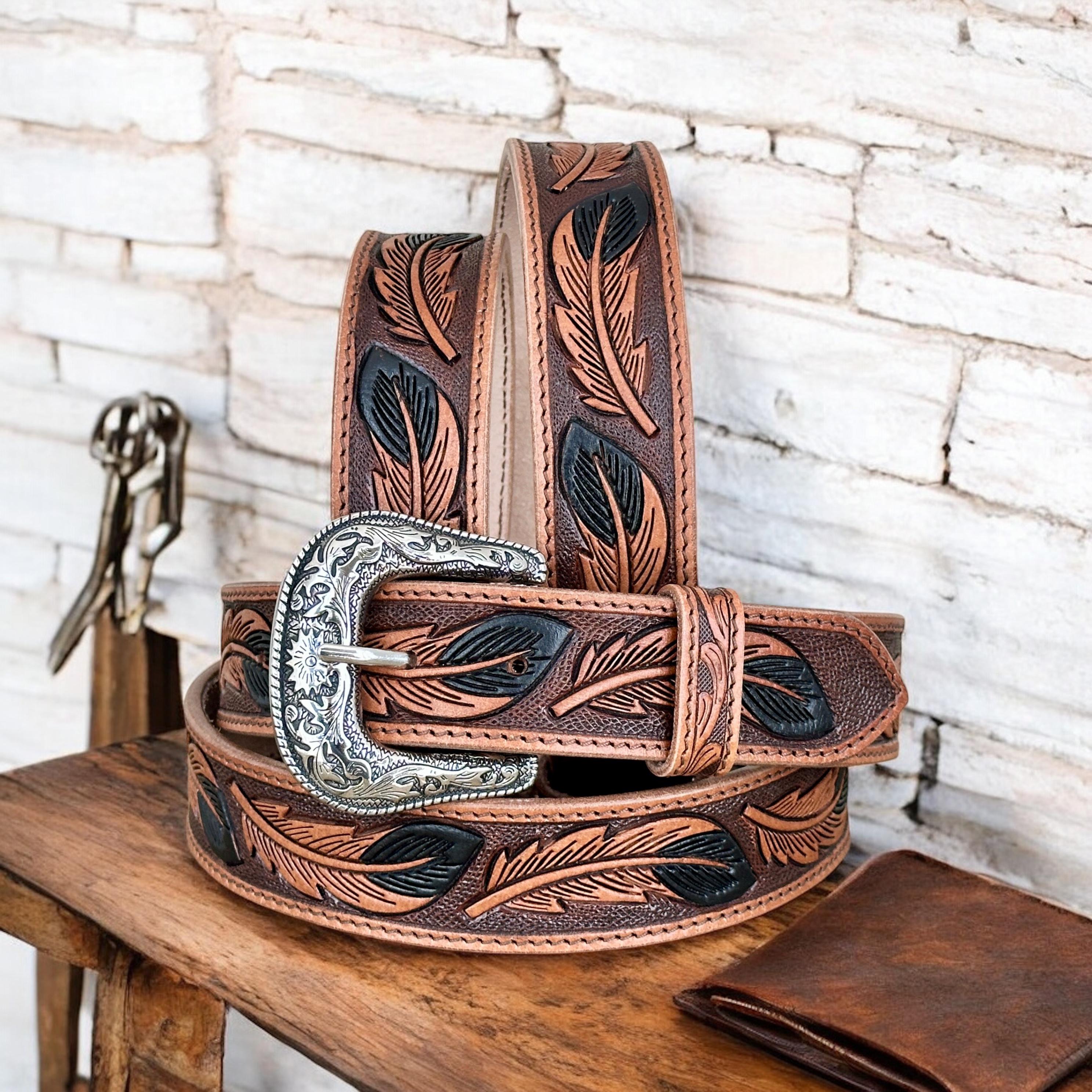 Western Floral Leather Belt for Men, Cowboy Cowgirl Embossed  display picture 2