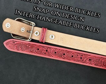 Personalized Pink Tooled Leather Western Belt for Womens  display picture 1