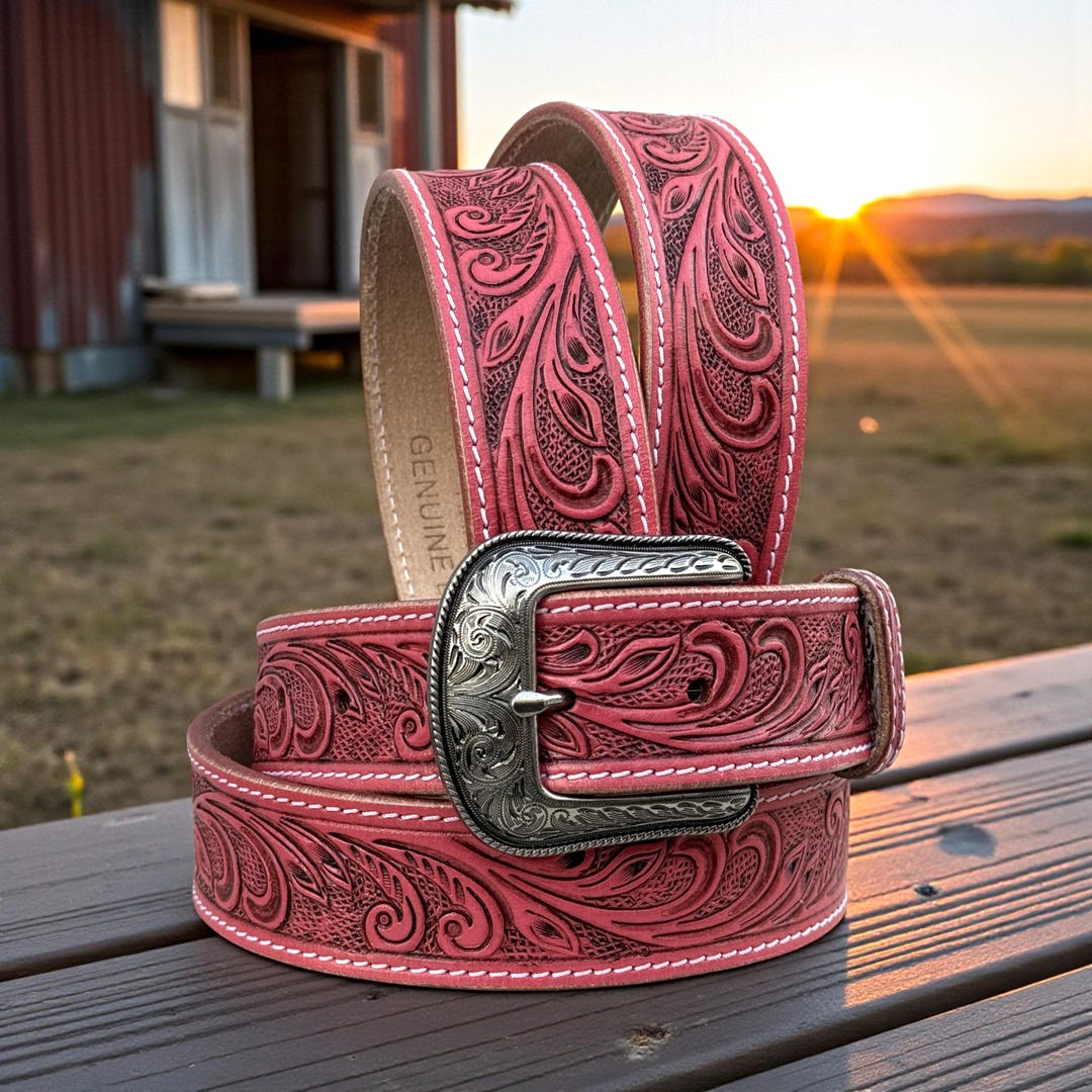 Personalized Pink Tooled Leather Western Belt for Womens 