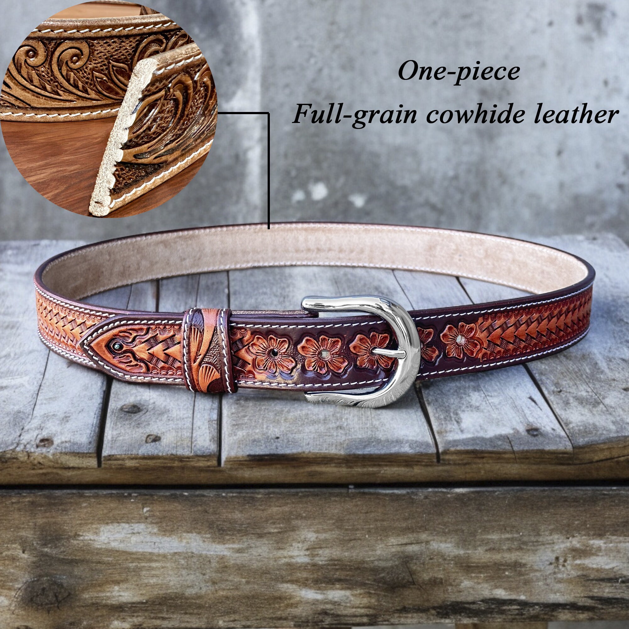 8791 Cowboy Cowgirl Belt Western Belts For Men Women Floral Engraved Western Floral Engraved Tooled Leather Belt Cowgirl Cowboy  main image 2