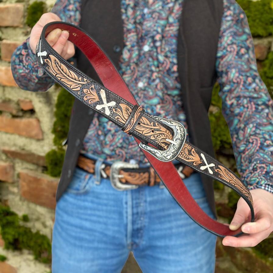 Western Floral Genuine Leather Tooled Belt for Men Women  display picture 1