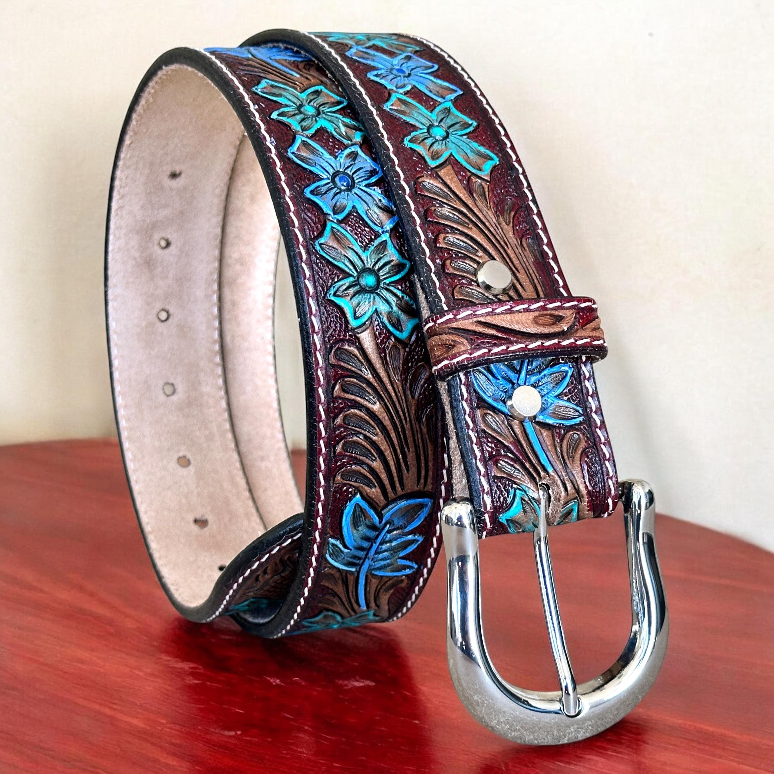 Womens Belt Hand Painted 34-36 Floral Tooled Cowhide Leather Western Rodeo JANE Amazon.com: Women main image 3