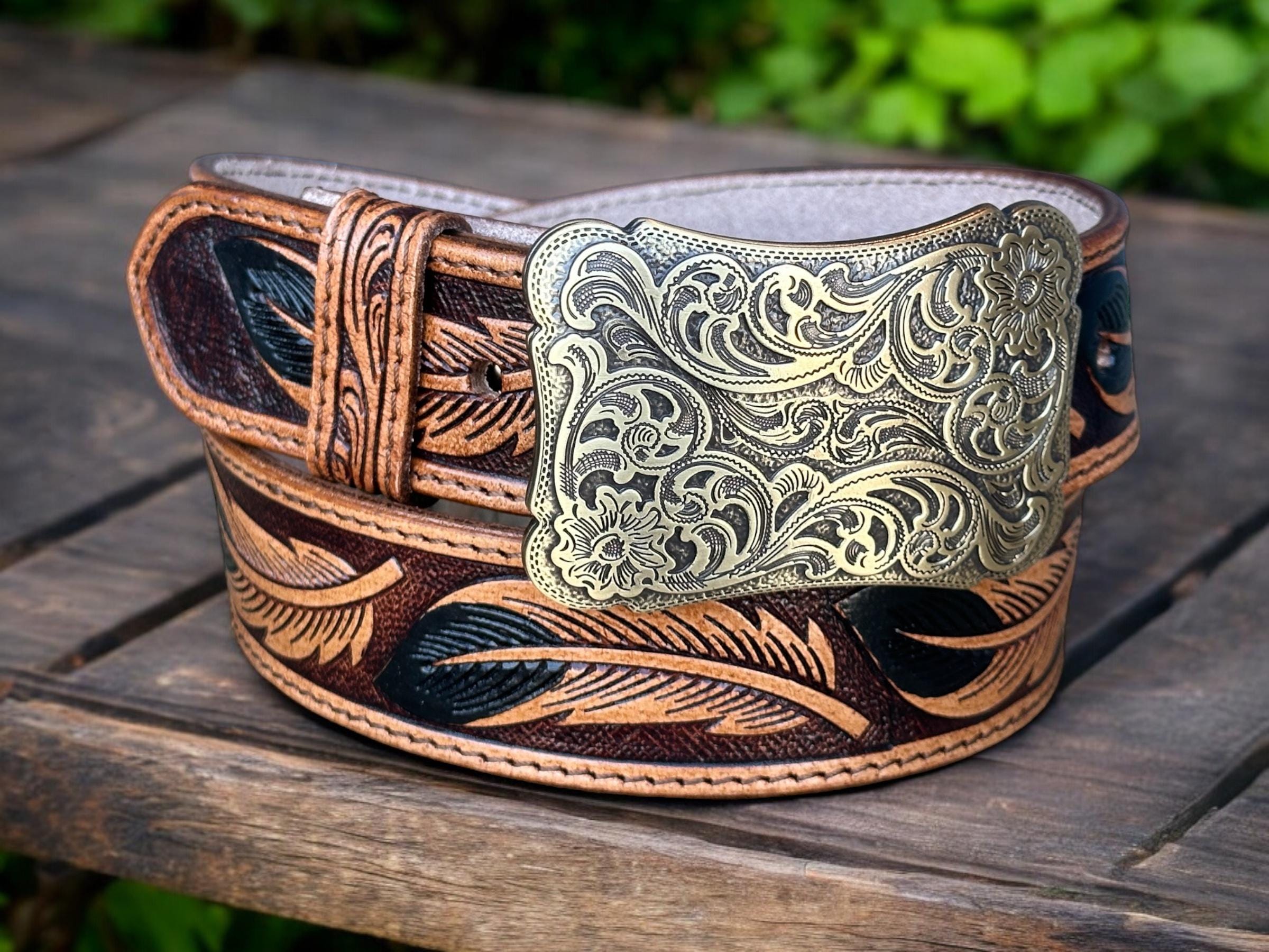Western Floral Leather Belt for Men, Cowboy Cowgirl Embossed 