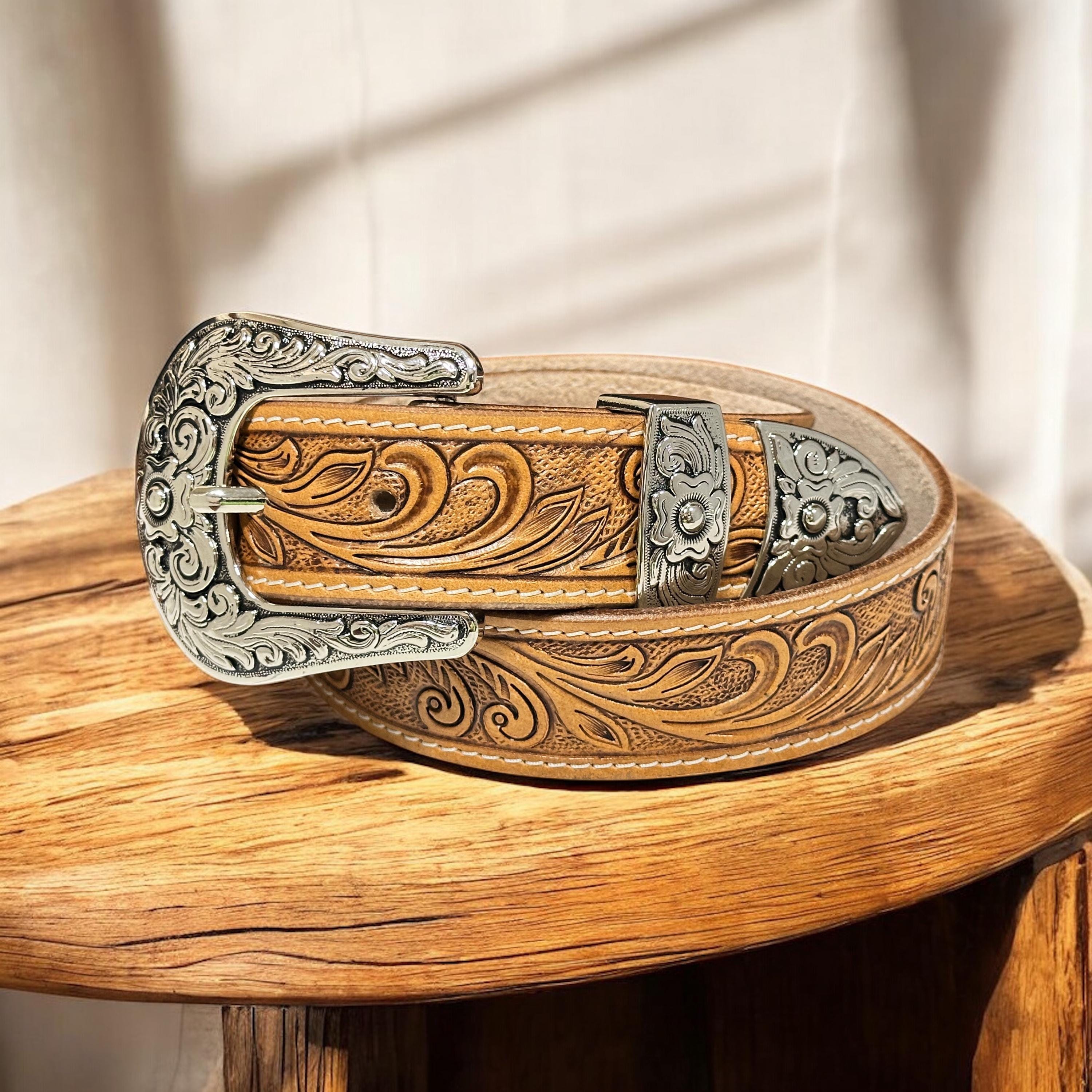 Western Floral Black Leather Belt For Men Women, Cowboy Rodeo Embossed Tooled Full Grain Leather Belt Removable Buckle, 1,5" Wide