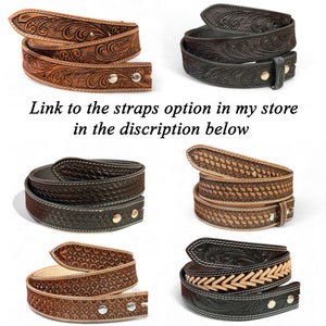 May include: Assortment of leather belts in various colors and designs. The belts feature embossed patterns, including floral and geometric motifs. Some belts have silver or gold-colored hardware. The image includes the text: "Link to the straps option in my store in the description below."