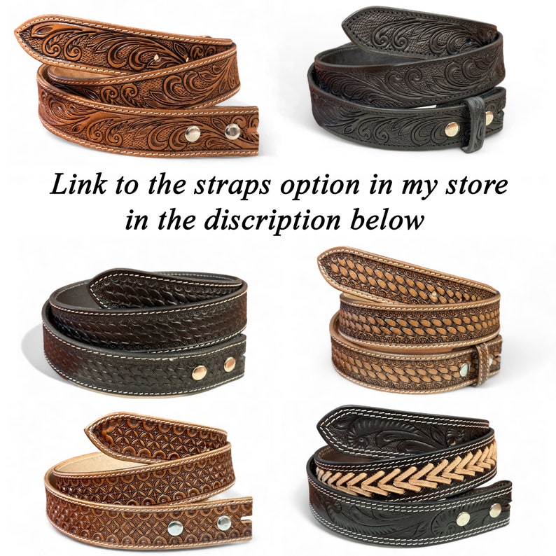 May include: Assortment of leather belts in various colors and designs. The belts feature embossed patterns, including floral and geometric motifs. Some belts have silver or gold-colored hardware. The image includes the text: "Link to the straps option in my store in the description below."