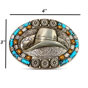 May include: Oval silver-tone belt buckle, 10.16 cm wide and 7.62 cm tall, featuring a cowboy hat design. The buckle is decorated with turquoise and brown beads around the edge, and floral accents.