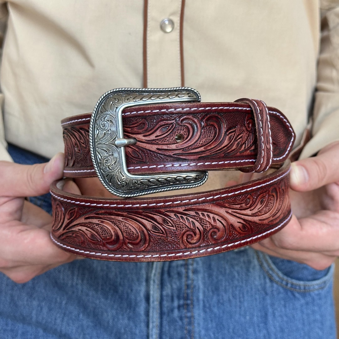 Western Floral Red Leather Belt With Removable Buckle Cowboy Rodeo Floral Tooled Full Grain 1-1/2" Wide Belt Birthday Gift - Image 2