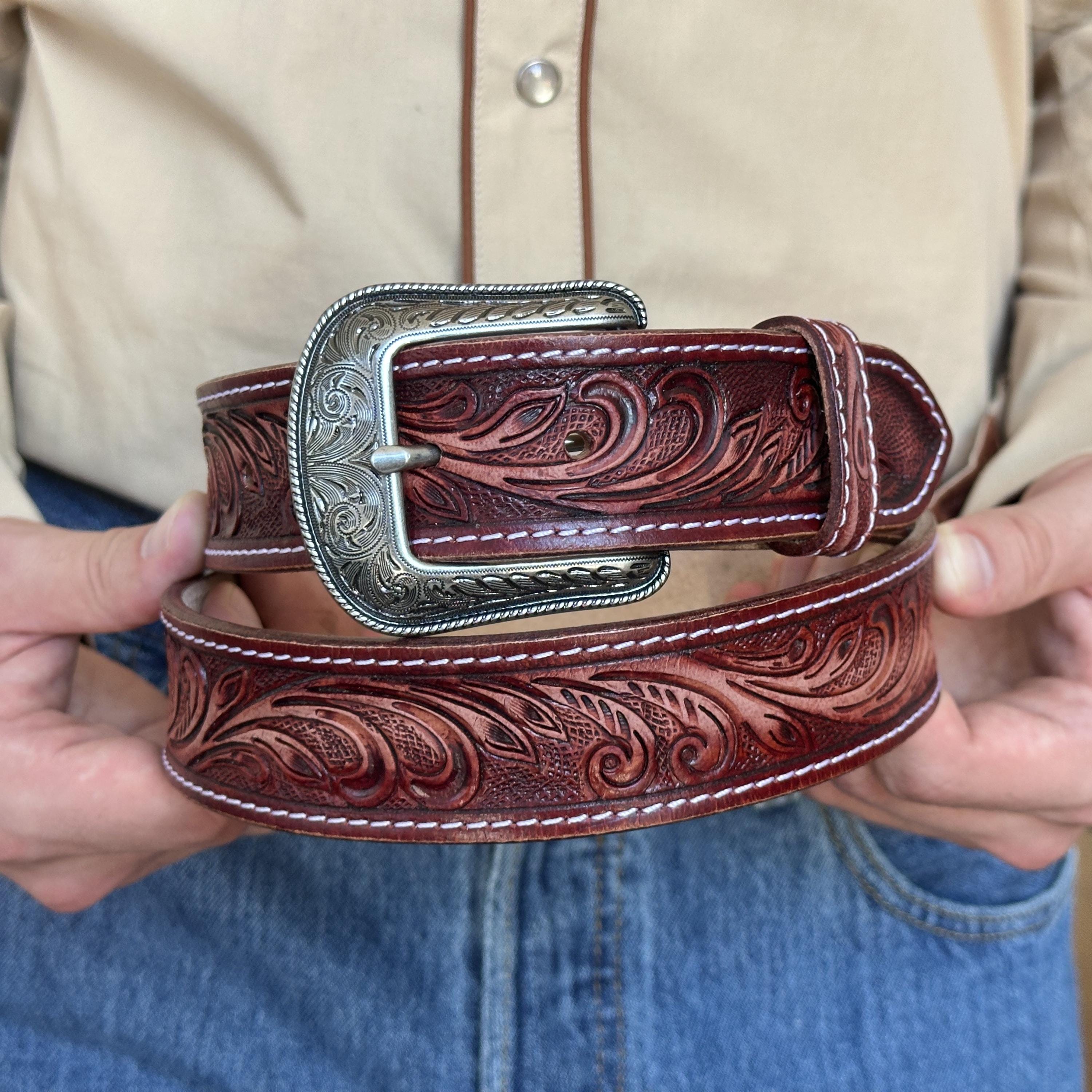 Western Floral Red Leather Belt for Men Women With Removable  display picture 2