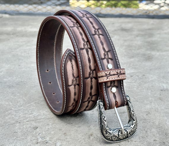 Barbed Wire Embossed Genuine Leather Cowboy Belt Western  display picture 1