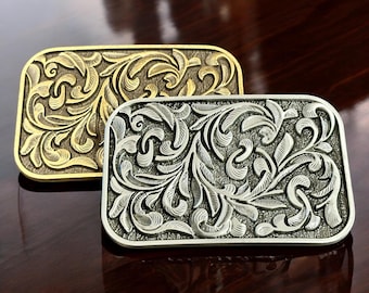 Floral Western Belt Buckle for Men Women, Personalized Embossed Cowboy Cowgirl Rodeo Removable Belt Buckle for 1.5" Leather Snap Belt Strap