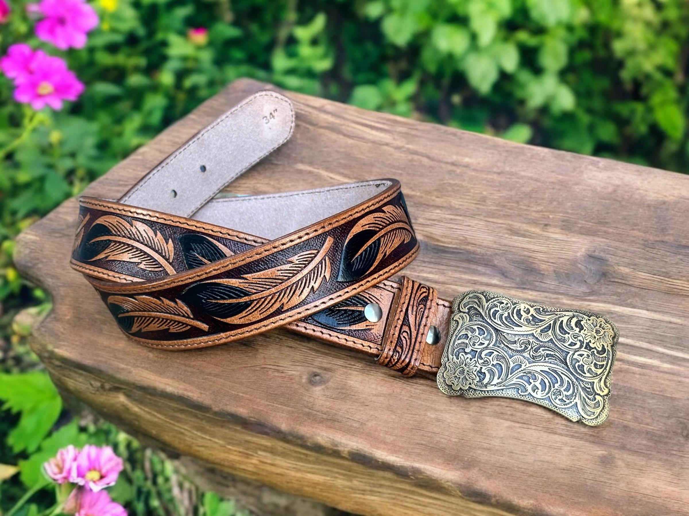 7869 Western Leather Belt For Women Men Cowgirl Cowboy Floral Engraved TRIWORKS Western Belts for Women Men Cowgirl Cowboy Embossed  main image 2
