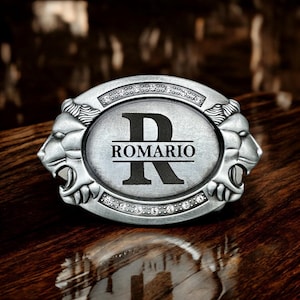 Personalized Western Belt Buckle with Lion Heads – Custom Monogram Gift for Him – Laser Engraved Cowboy Buckle