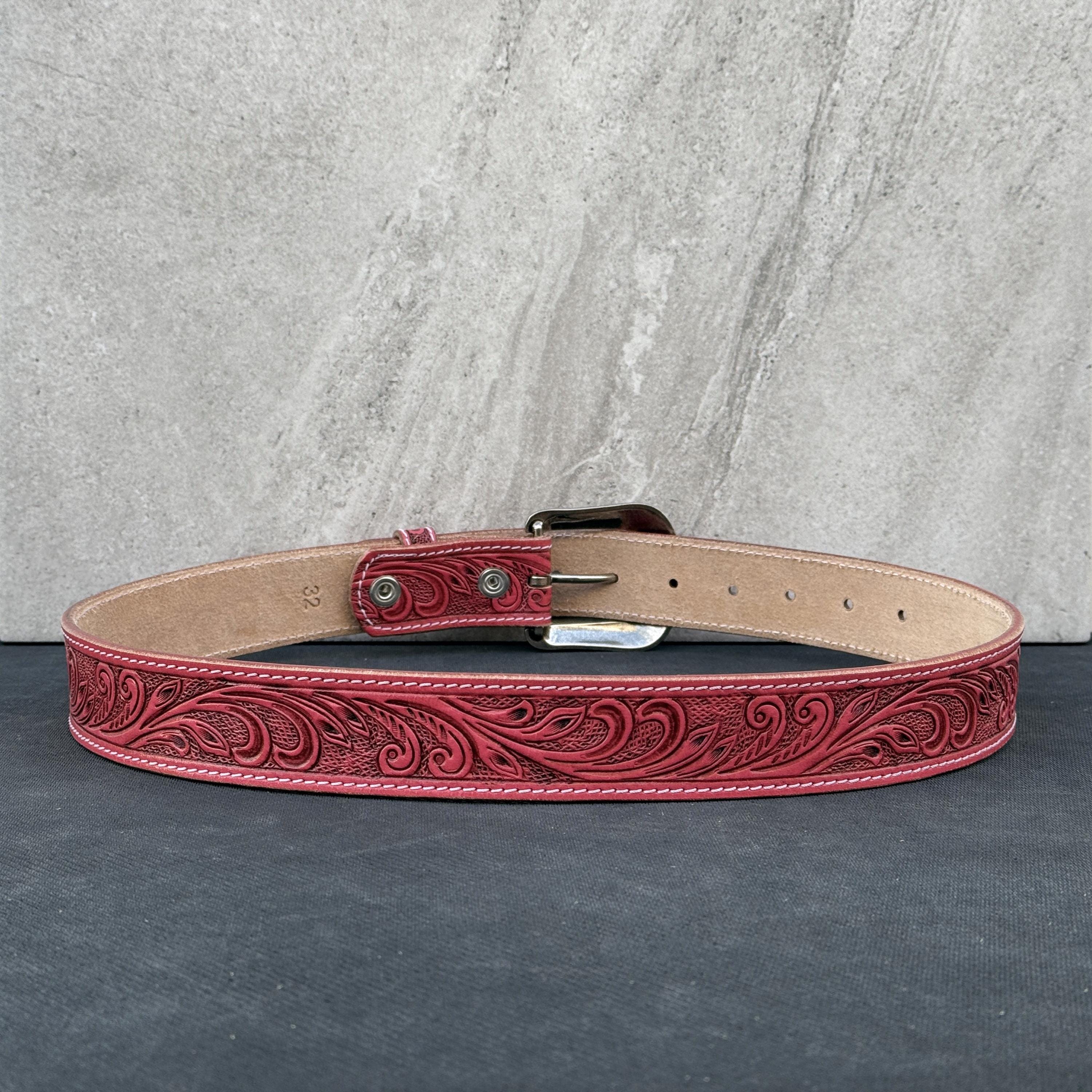1873 Pink Feather Hand-tooled Leather Belt For Women S-4062 Personalized Pink Tooled Leather Western Belt for Womens  main image 3