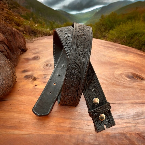 Western Floral Black Leather Belt for Men Women, Cowboy Rodeo