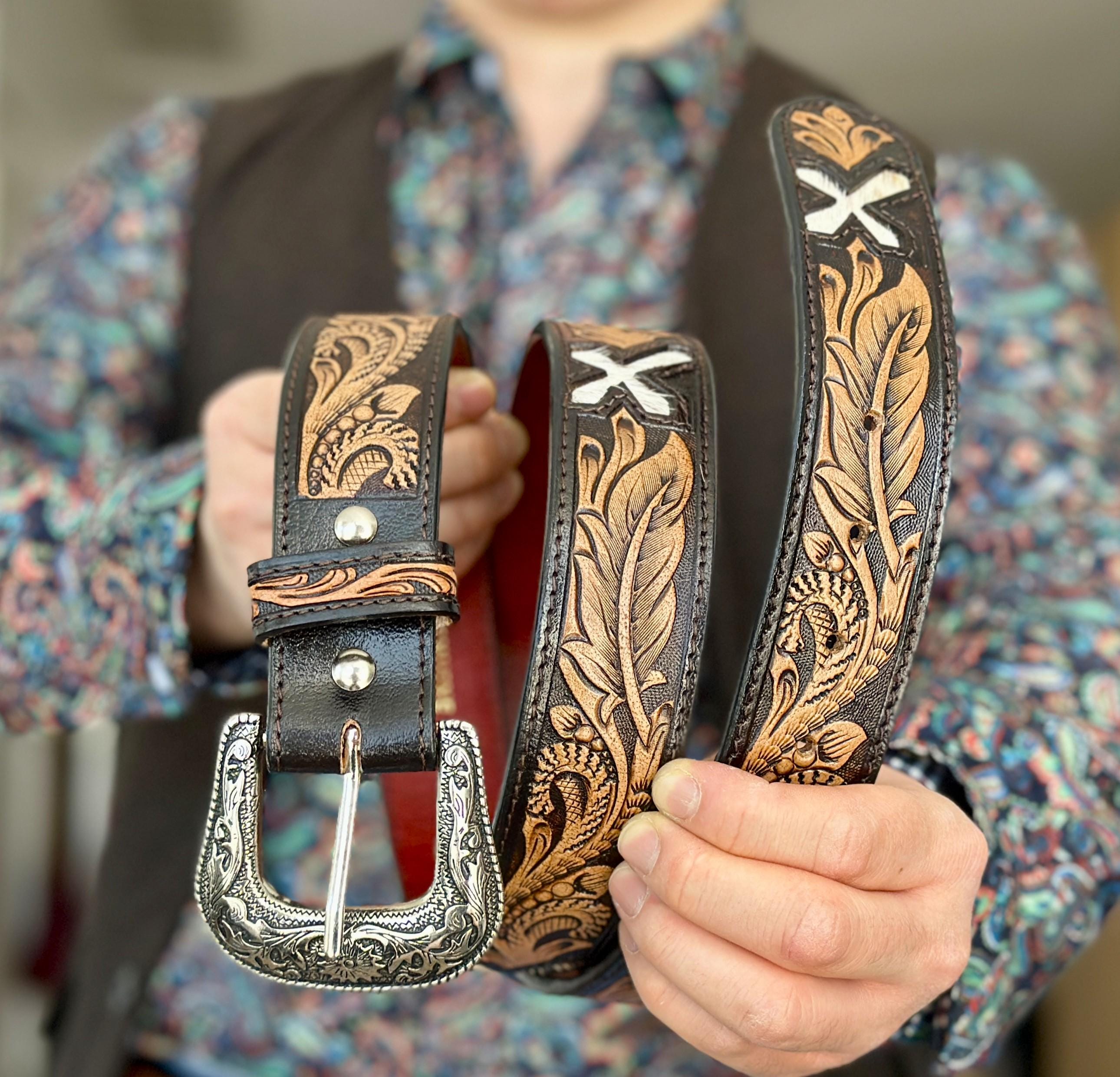 Western Floral Genuine Leather Tooled Belt for Men Women 