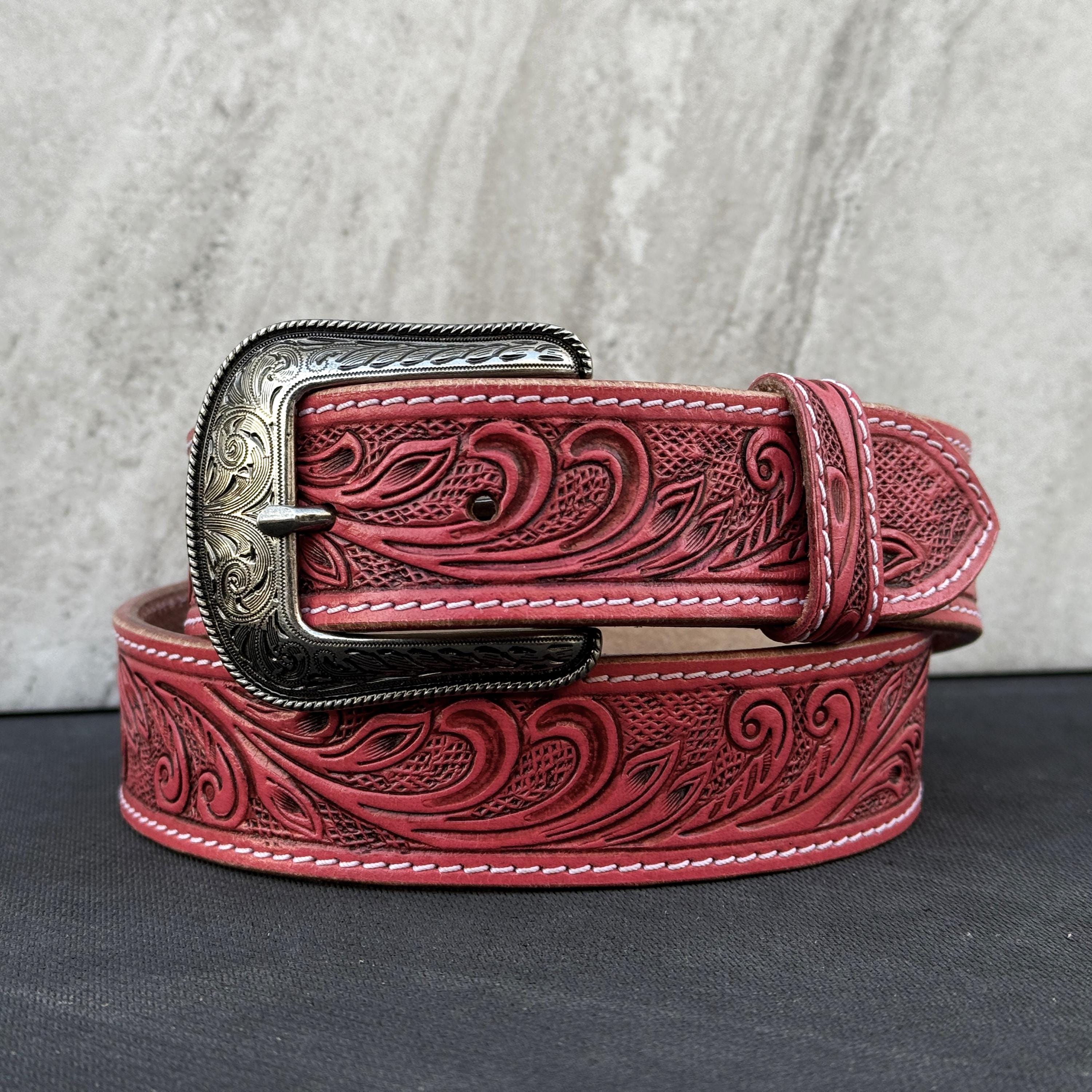Personalized Pink Tooled Leather Western Belt for Womens  display picture 3