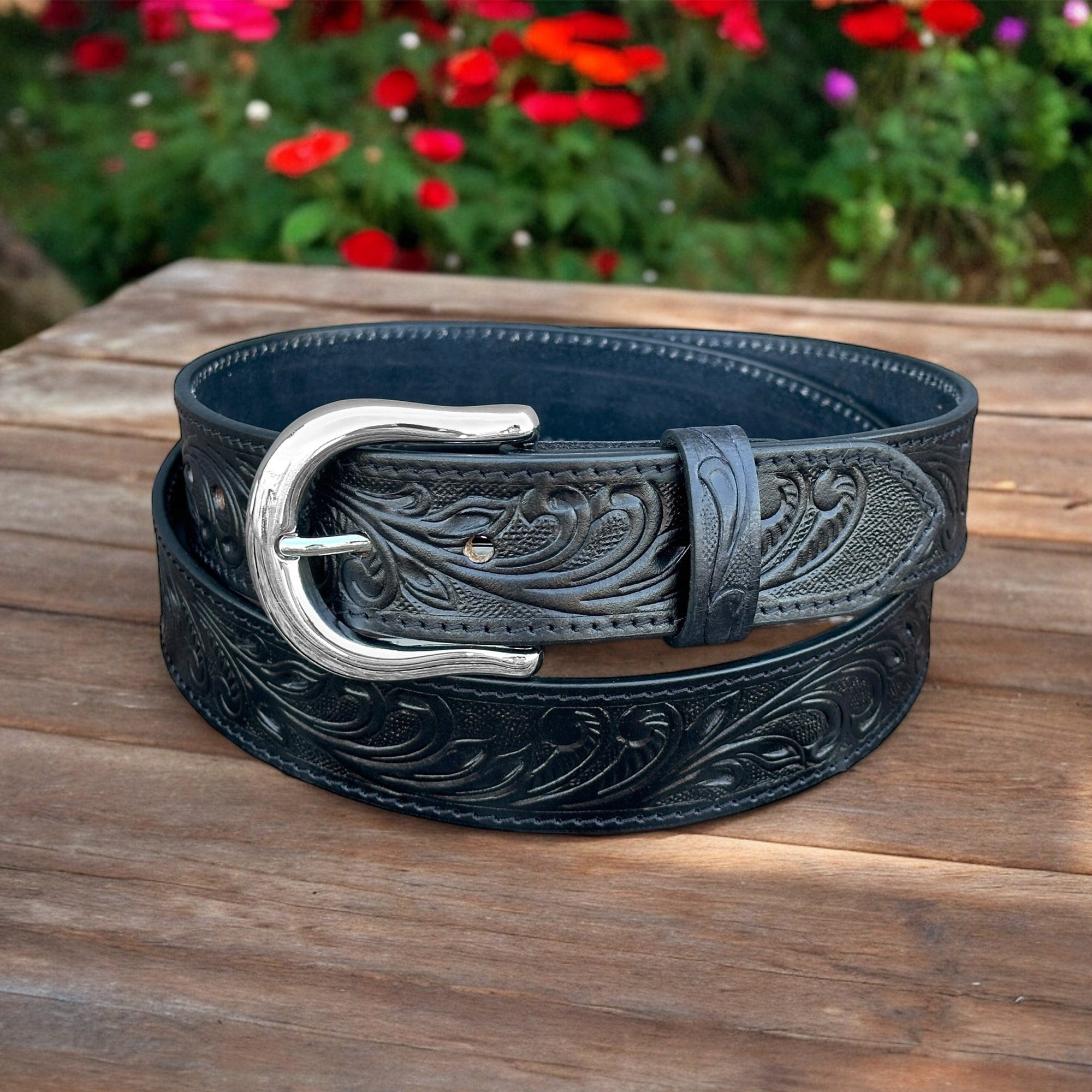 Western Floral Black Leather Belt for Men Women, Cowboy Rodeo