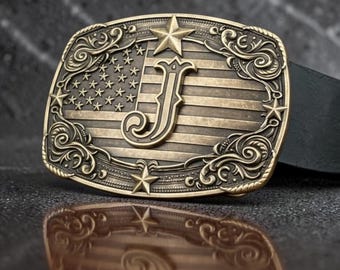Patriotic Western Style Belt Buckle American Flag Monogram Initial A-Z Letter Cowboy Buckle Antique Brass Tone or Silver Tone Birthday Gift