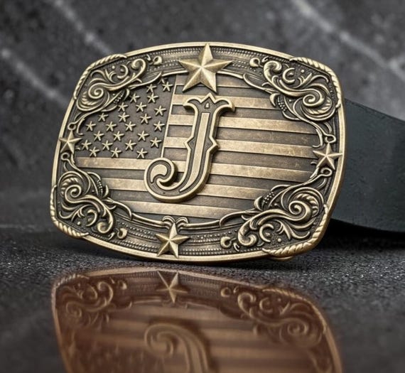 Patriotic Western Style Belt Buckle American Flag Monogram Initial A-Z Letter Cowboy Buckle Antique Brass Tone or Silver Tone Birthday Gift