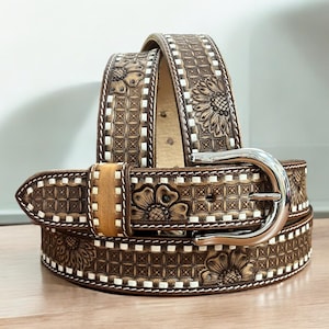 Custom Western Genuine Leather Belt Men, Cowboy Floral Embossed Tooled Full Grain Leather Belt with Removable Buckle, Ranch Gift accessories