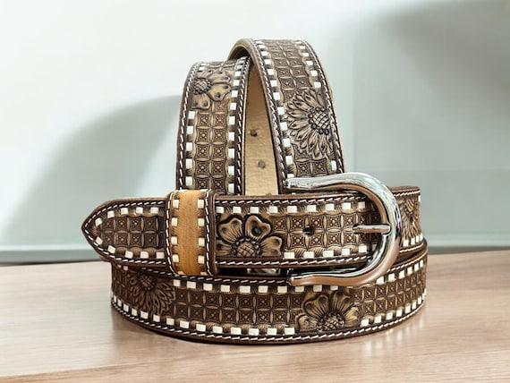 Vintage Western Engraved Tooled Leather Belt with Detachable Buckle Tooled Brown Leather Western Belt: Oval Buckle, Removable  main image 3