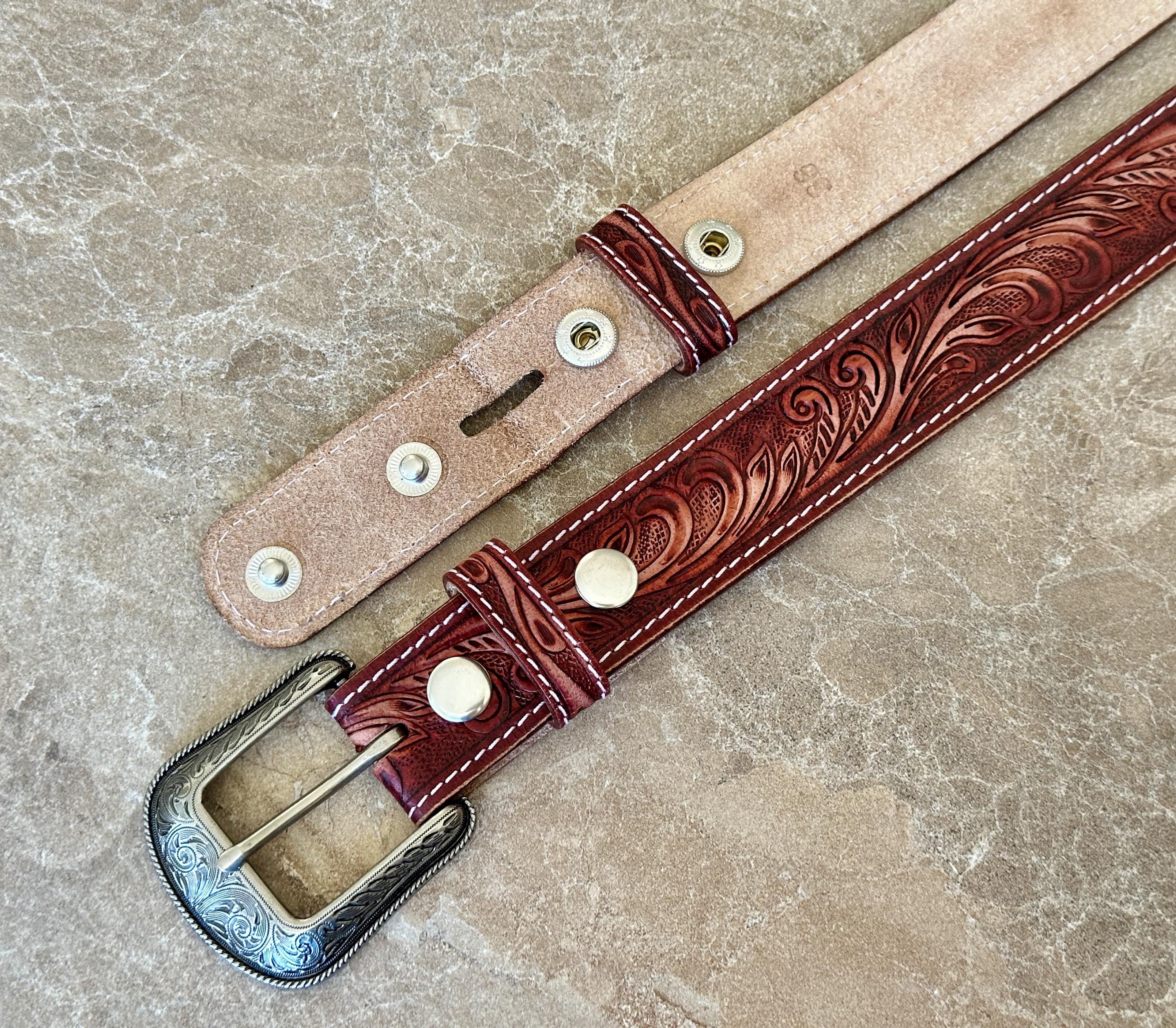 Western Floral Red Leather Belt for Men Women With Removable 