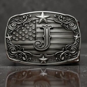 Patriotic Western Style Belt Buckle American Flag Monogram Initial A-Z Letter Cowboy Buckle Antique Brass Tone or Silver Tone Birthday Gift zdjęcie 2
