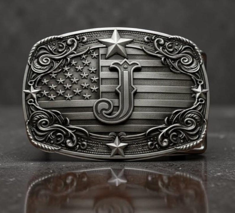 Patriotic Western Style Belt Buckle American Flag Monogram Initial A-Z Letter Cowboy Buckle Antique Brass Tone or Silver Tone Birthday Gift zdjęcie 2