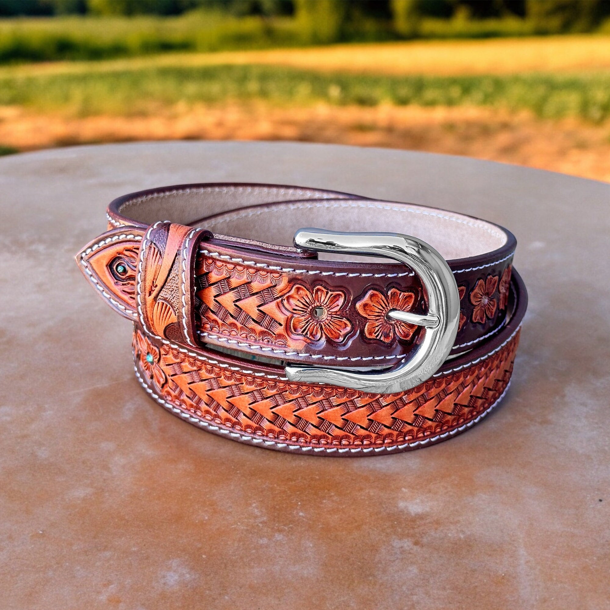 New western floral embossed brown leather belt various sizes please ask Leather Belts - Brown Western Floral Embossed — Farmericana  main image 4