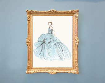 1956 French Tulle Dress Watercolor & Gouche Painting Giclee Print