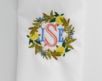 Lemon Wreath Linen Holiday Custom Gift Tea Towels Monogrammed Personalized Embroidered