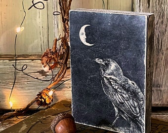 Primitive Vintage Crow Moon Wood Block, Tiered Tray Halloween Crow Home Decor