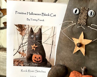 Digital PDF Sewing Pattern, Primitive Halloween Black Cat and Pumpkin Friend Pattern, Digital Pattern