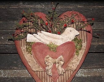 PATTERN Primitive Valentine Lace Heart Dove Door Hanger E-PATTERN, Sewing Pattern