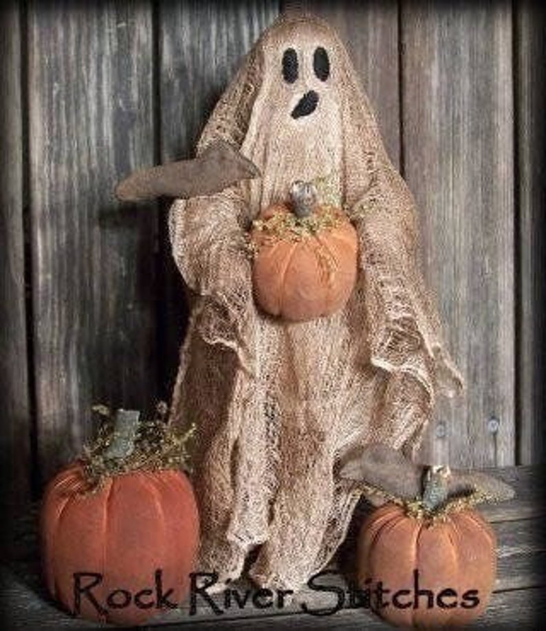 PATTERN Primitive Halloween Ghost Make Do Doll with Crows, Pumpkins E-PATTERN image 1