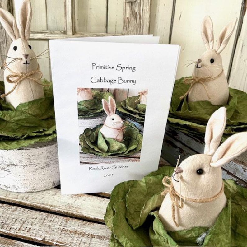 May include: A pattern for a primitive spring cabbage bunny, with a photo of a finished bunny in a cabbage. The pattern is titled "Primitive Spring Cabbage Bunny" and is by Rock River Stitches 2023.