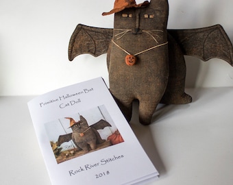 PATTERN Primitive Halloween Bat Cat Doll Pattern, Halloween Pattern, Sewing Pattern, PDF Primitive Pattern