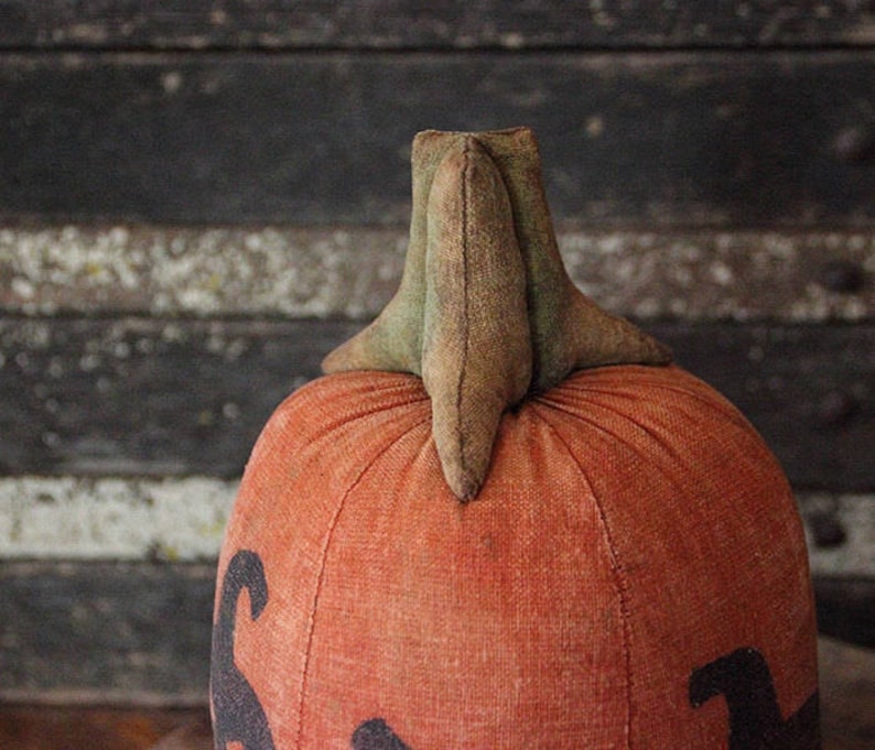 May include: A handmade orange fabric pumpkin with a green felt stem. The pumpkin has a stitched design on the front.