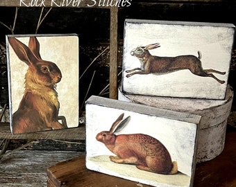 Primitive Vintage Rabbit Wood Block, Tiered Tray Spring Easter Home Decor